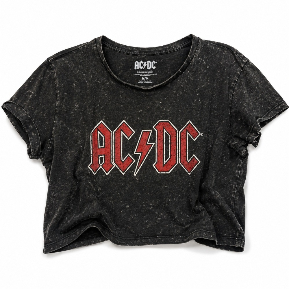 AC/DC Logo Acid Wash Cropped T Shirt Women's Medium Black Graphic Band Tee 2022